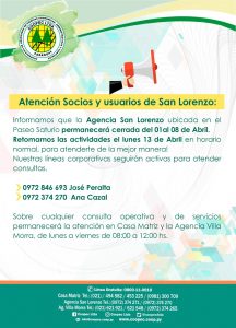 CIERRE TEMPORAL DE LA AGENCIA SAN LORENZO