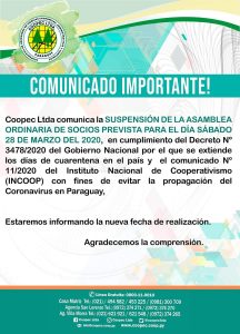 COMUNICADO SOBRE SUSPENSIÓN DE ASAMBLEA 2020 #QuedateEnCasaPy