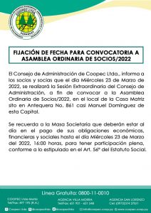 Fijación de fecha para Asamblea General de socios 2022