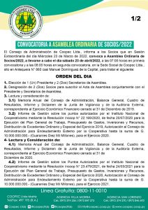 Orden del día a ser tratado en la Asamblea General de Socios 2022.