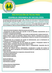 RECTIFICACIÓN DE FECHA PARA ASAMBLEA ORDINARIA DE SOCIOS/2024