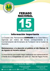 AVISO: FERIADO 15 DE AGOSTO
