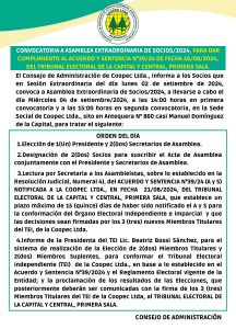 CONVOCATORIA: «ASAMBLEA EXTRAORDINARIA 2024 – CUMPLIMIENTO DEL ACUERDO Y SENTENCIA Nº39/24»