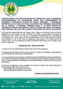 CONVOCATORIA CON RECTIFICACIÓN DEL ORDEN DEL DIA A ASAMBLEA EXTRAORDINARIA